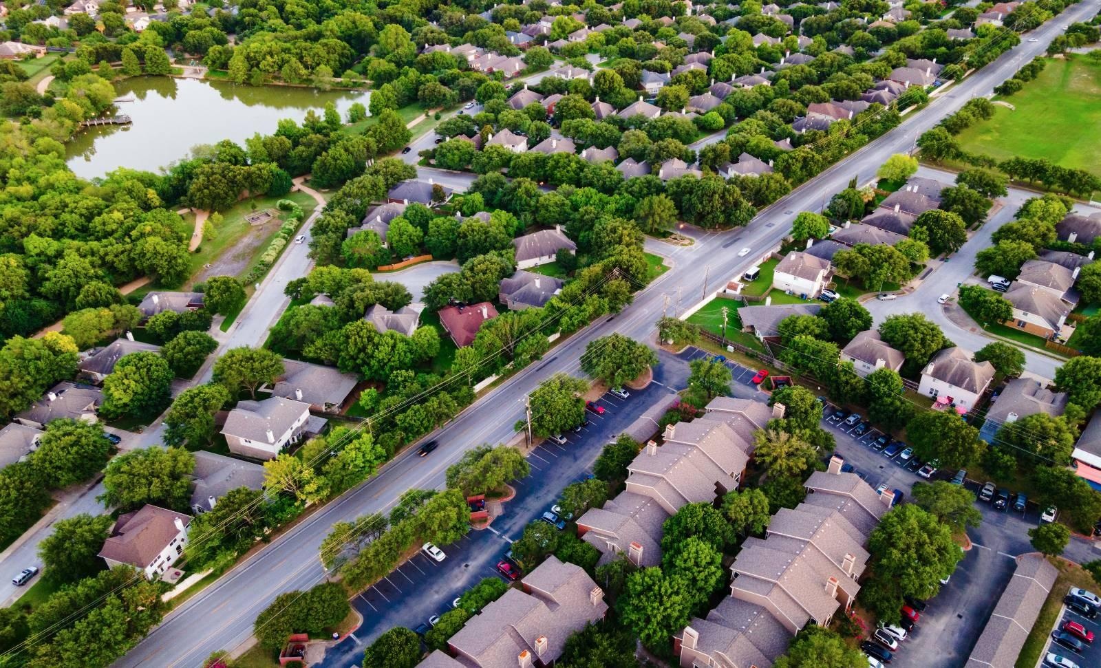 Buildings road lake