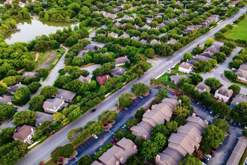 Buildings road lake