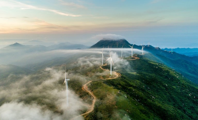 Cloudy mountain wind turbines